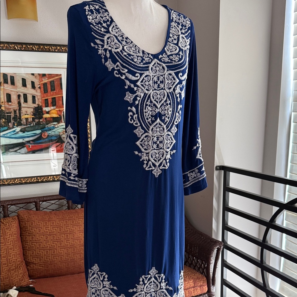 Chelsea & Theodore Royal Blue Midi Dress with White Embroidery